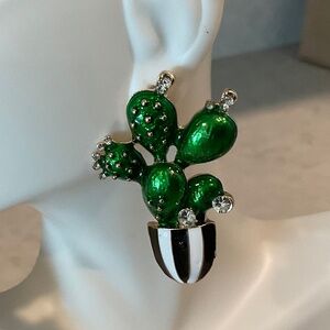 Green Cactus in Black White Enamel Pot w/White Rhinestones Stud Earrings
